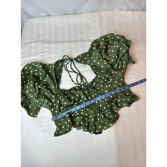 Sage Polka Dots Cropped Smocked Back Blouse Top Size M RefM010 - Picture 5 of 6